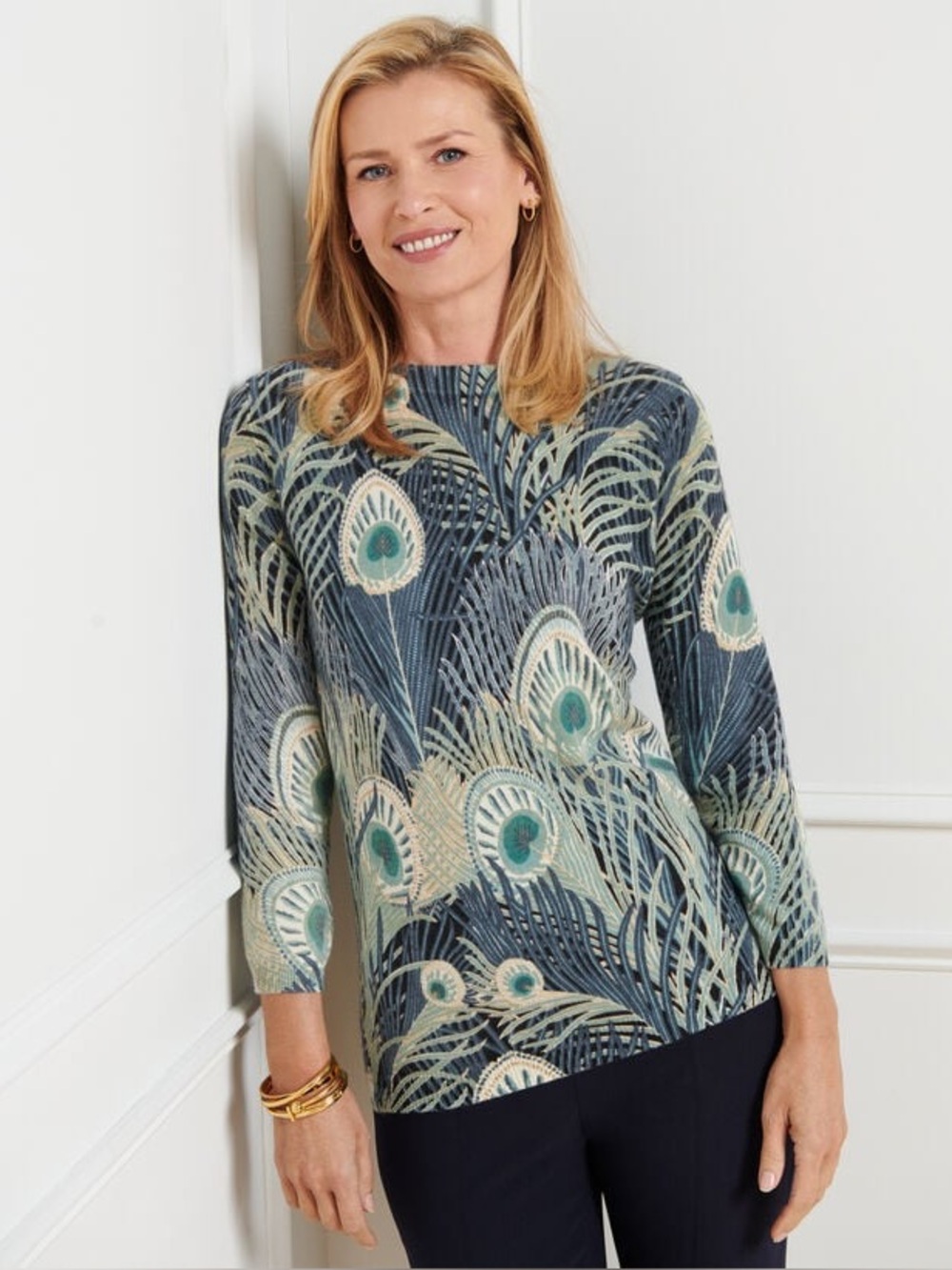 Talbots Audrey 100% Cashmere Sweater Petite XL Blue Peacock Feather Print